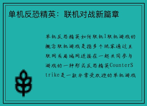 单机反恐精英：联机对战新篇章